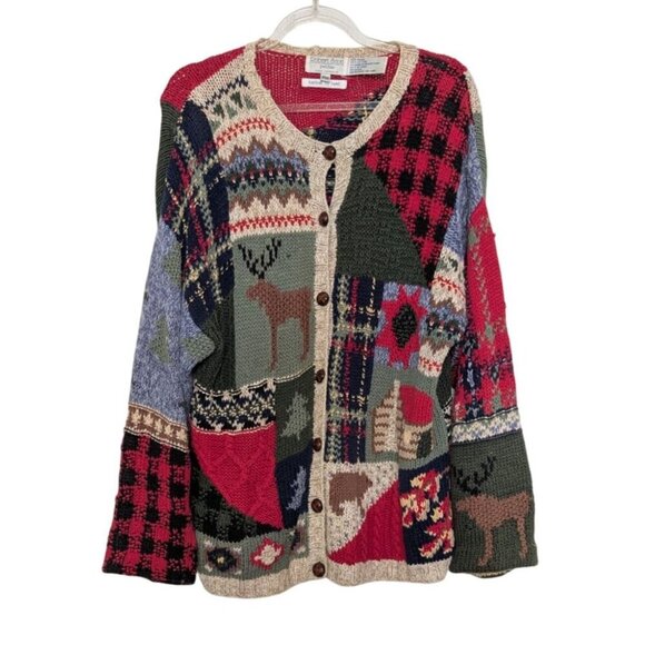Robert Scott Patchwork Hand Knit Cardigan Womens Petite Size Medium Red Deer - Picture 1 of 10